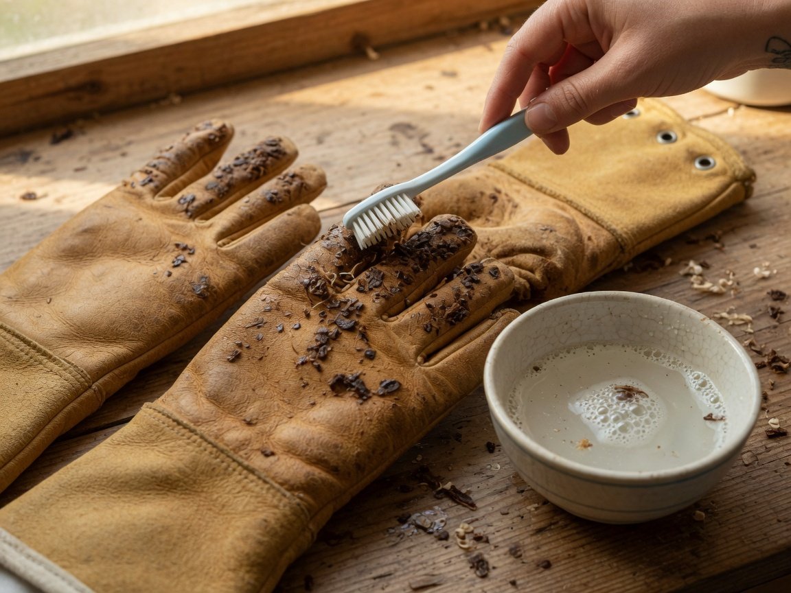 Close-up of a soft brush cleaning propolis residue from leather beekeeping glove seams
