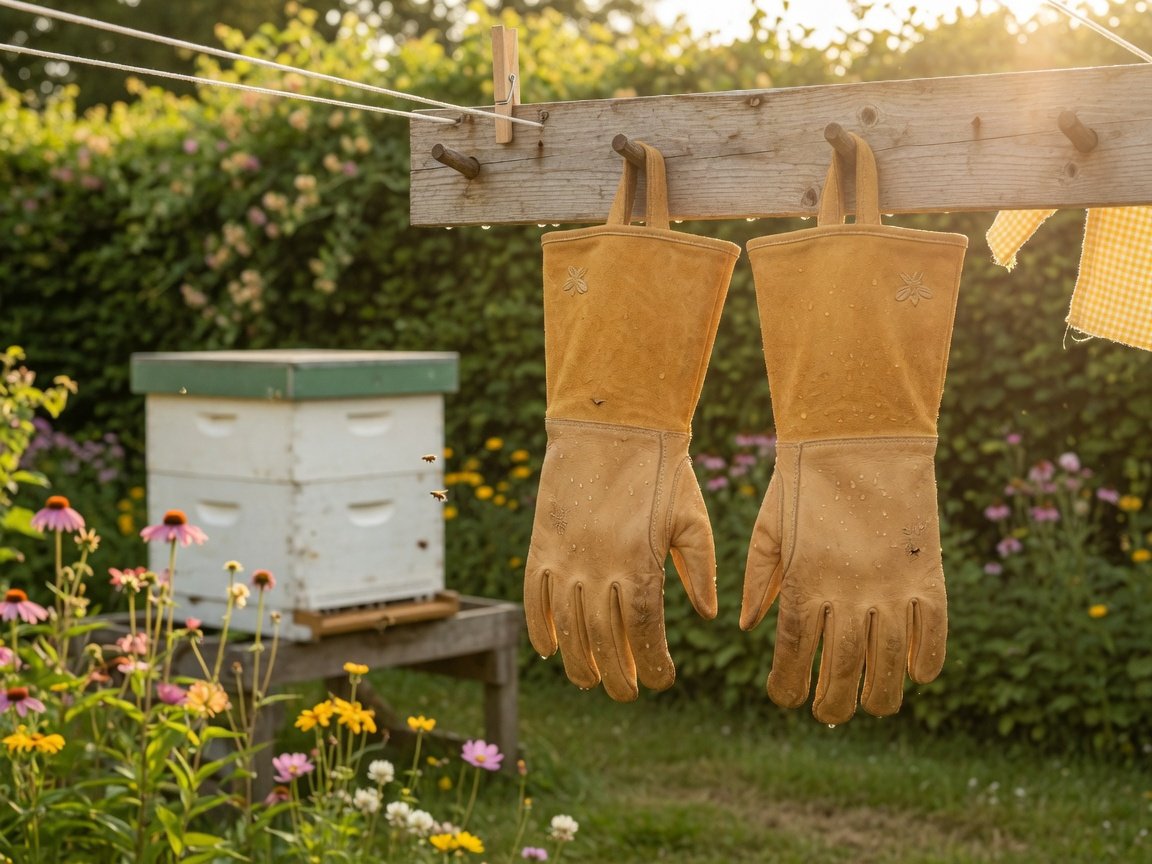 Clean beekeeping gloves hanging to air dry in a sunny ventilated garden space