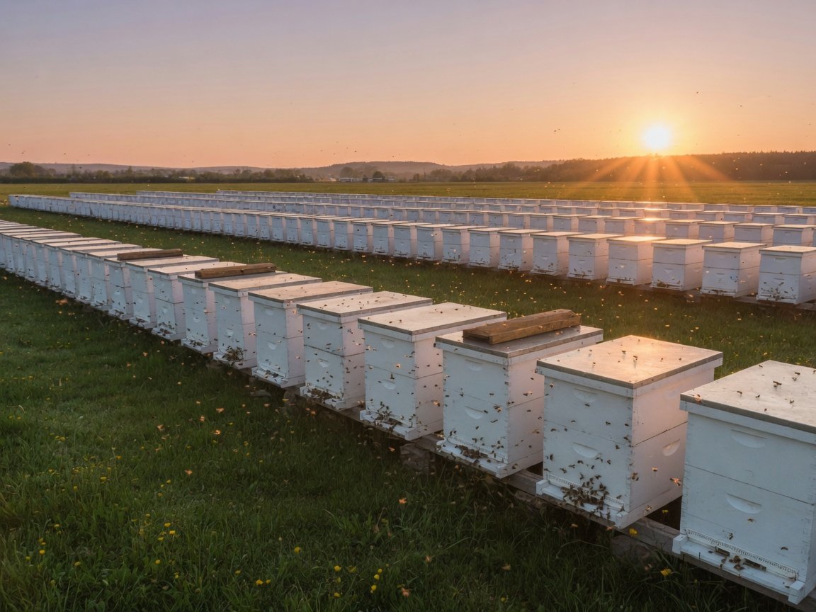 Rows of white commercial beehive boxes in a large apiary field at sunrise