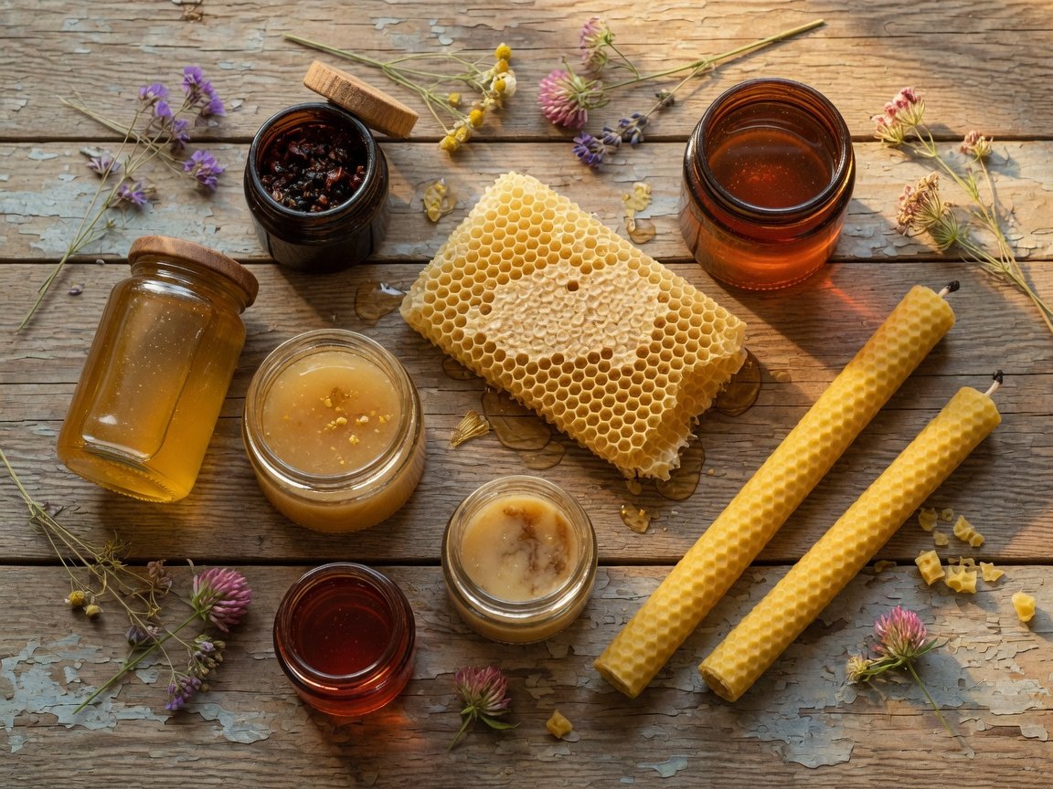 Flat-lay of honey jars, honeycomb, beeswax candles, and propolis on a rustic wooden table