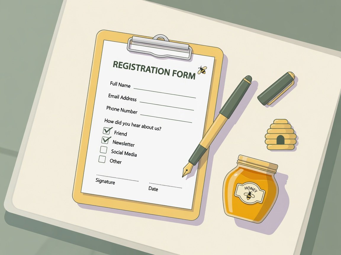 Flat design illustration of apiary registration form, pen, and small honey jar on a clean desk