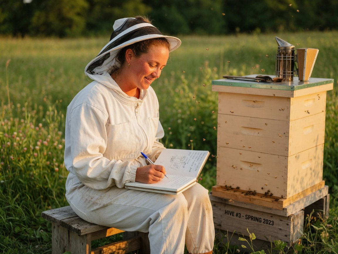 Beekeeper writing hive inspection notes in a spiral journal seated outdoors next to wooden hive boxes