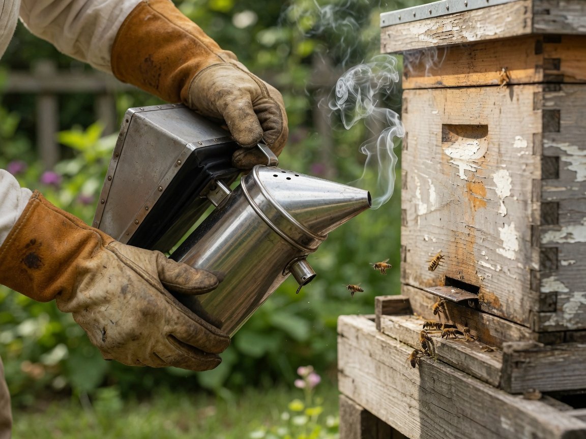 Close-up of a beekeeper's gloved hands directing cool white smoke from a lit smoker toward a wooden beehive entrance