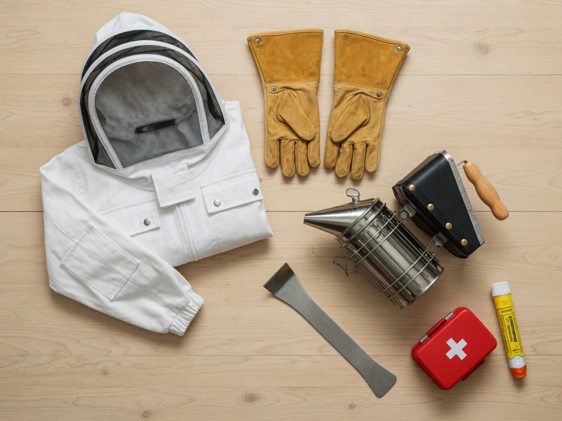 Beekeeping protective equipment laid out neatly on a wooden surface including veil, gloves, smoker, hive tool and first aid kit