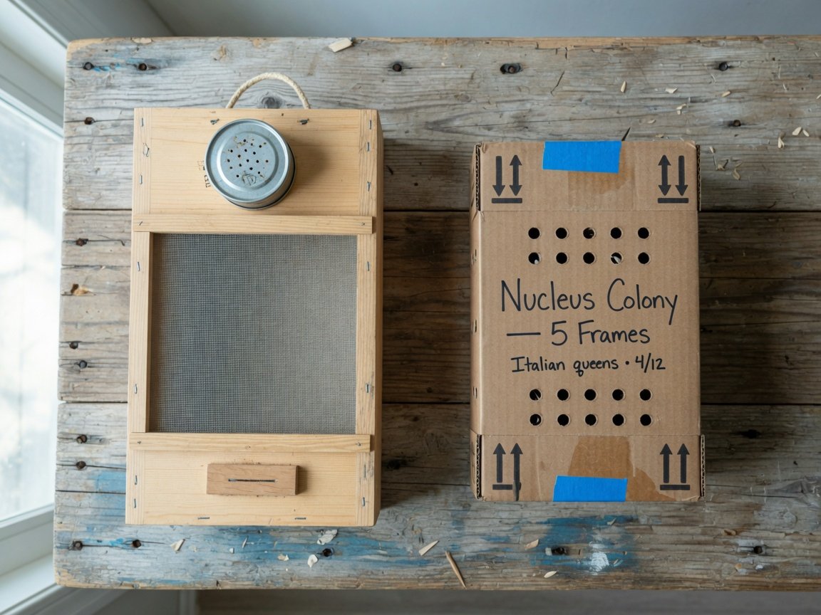 Side-by-side comparison of a screened bee package box and a cardboard nucleus colony box on a rustic wooden surface