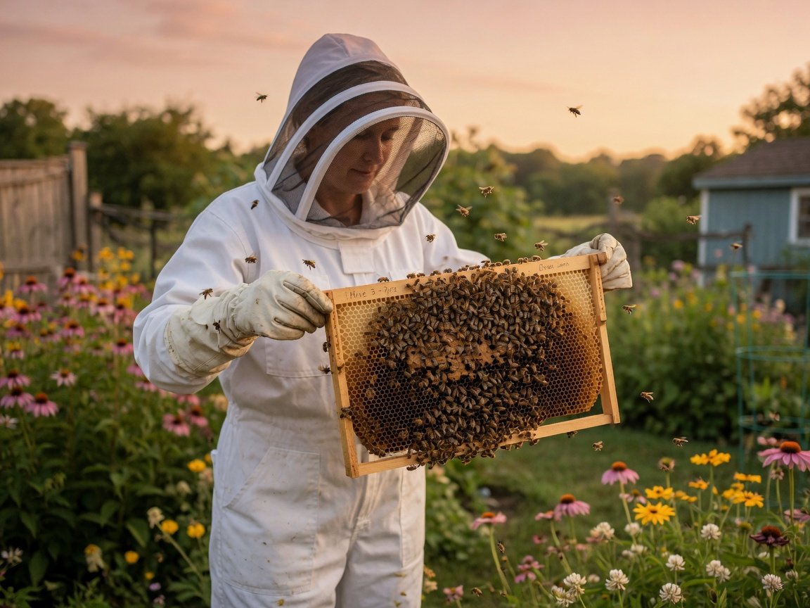 Beginner beekeeper in protective gear holding a brood frame covered in bees during a hive inspection at golden hour