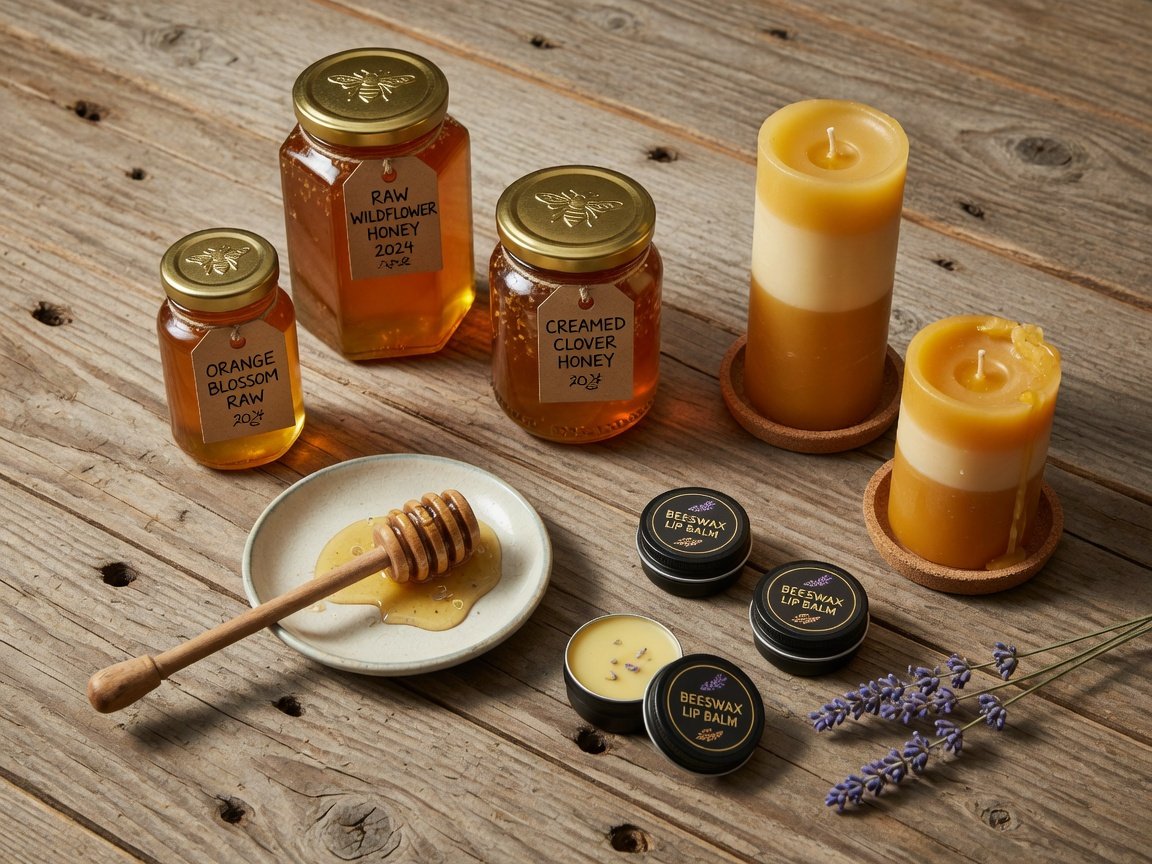 Flat-lay of artisan beekeeping products including amber honey jars, beeswax candles and lip balm on rustic wooden table