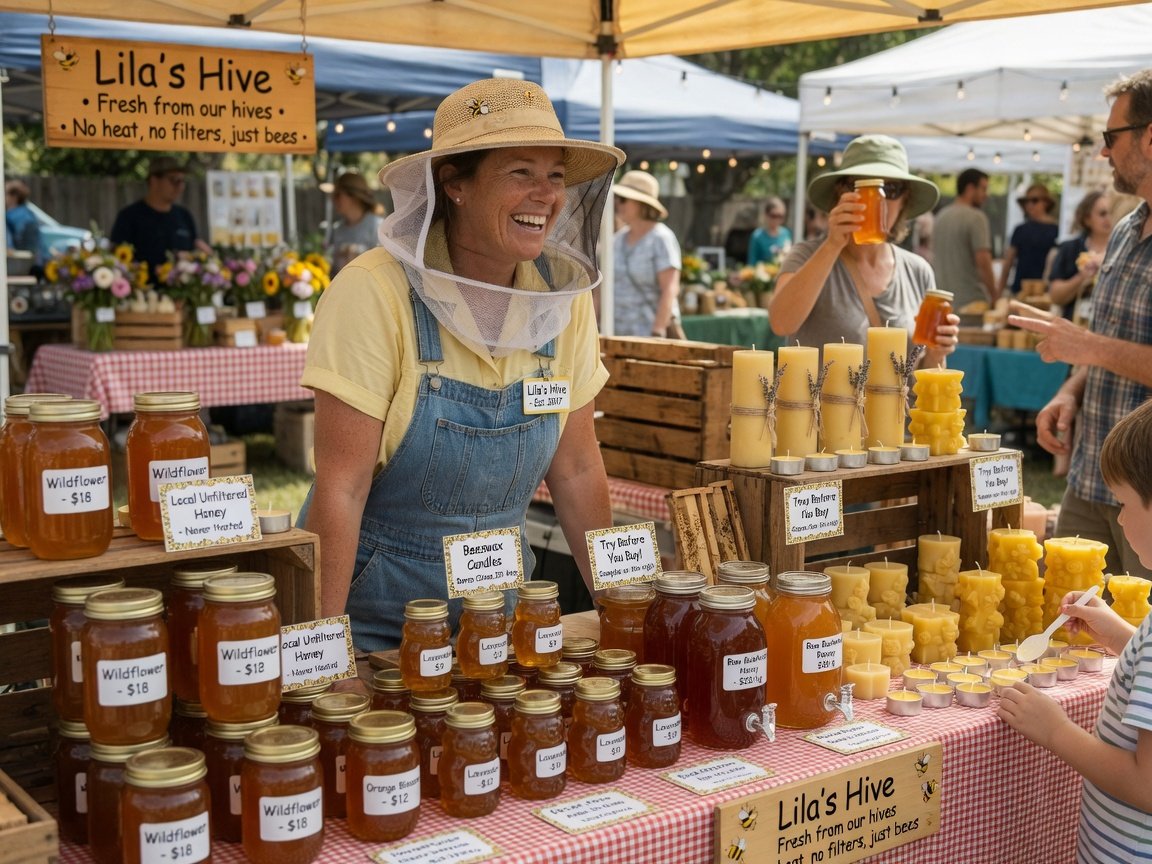 Friendly beekeeper selling local honey and beeswax products from a colourful stall at an outdoor farmers market