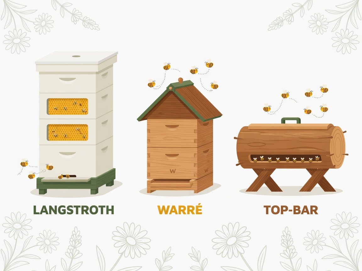 Flat-design infographic showing Langstroth, Warré, and top-bar beehives side by side for comparison