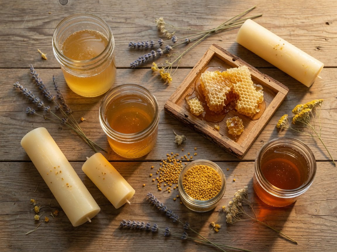 Jars of golden raw honey, beeswax candles, and fresh honeycomb arranged on a rustic wooden table