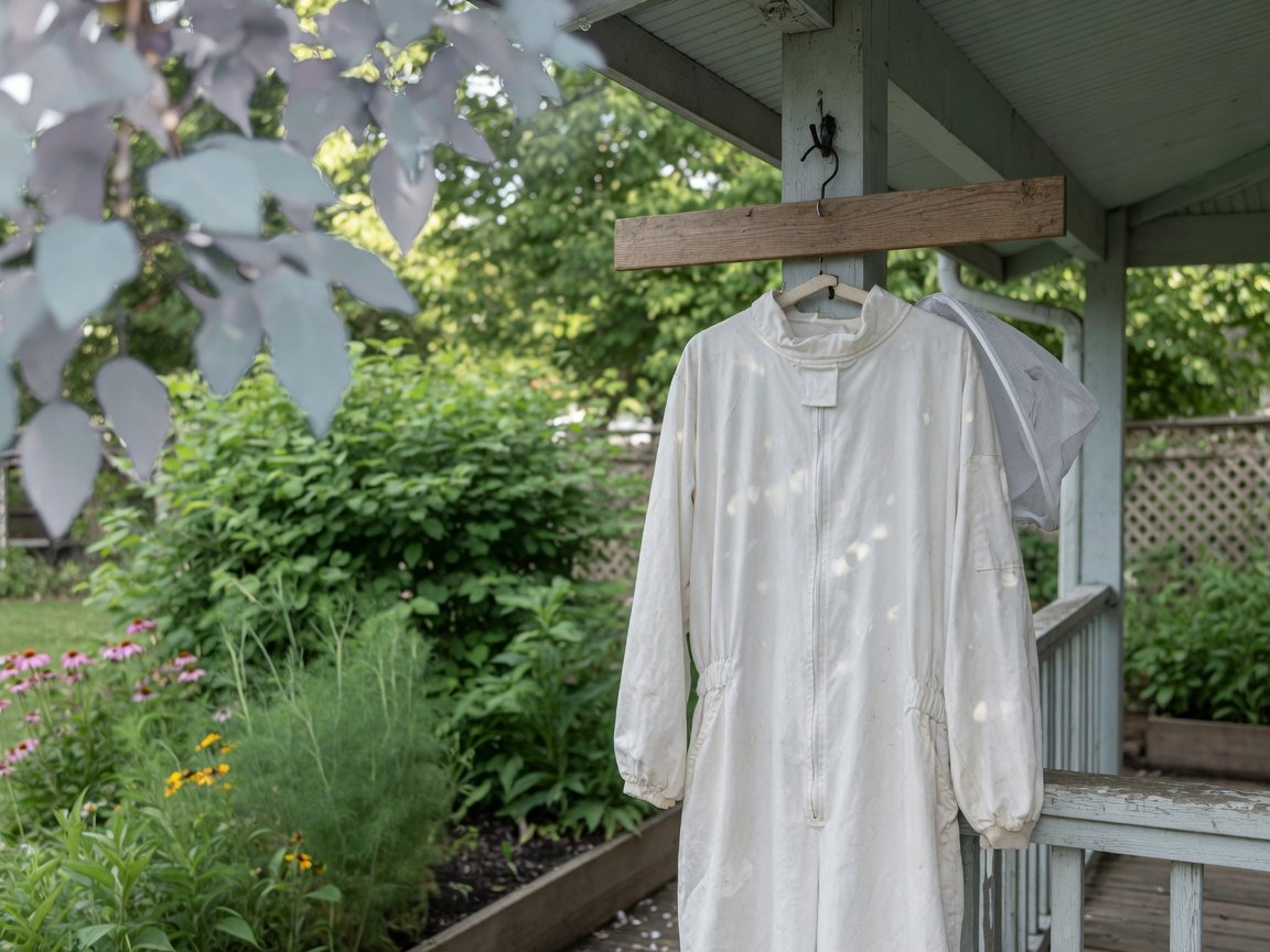 Clean beekeeping suit hanging to air dry on a wide wooden hanger in a shaded outdoor space