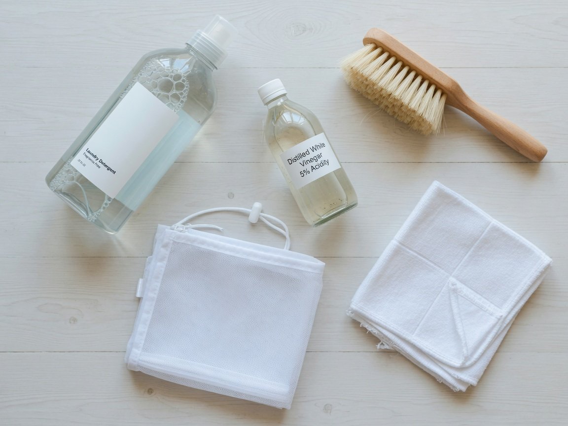 Flat lay of beekeeping suit cleaning supplies including mild detergent, soft brush, and white vinegar