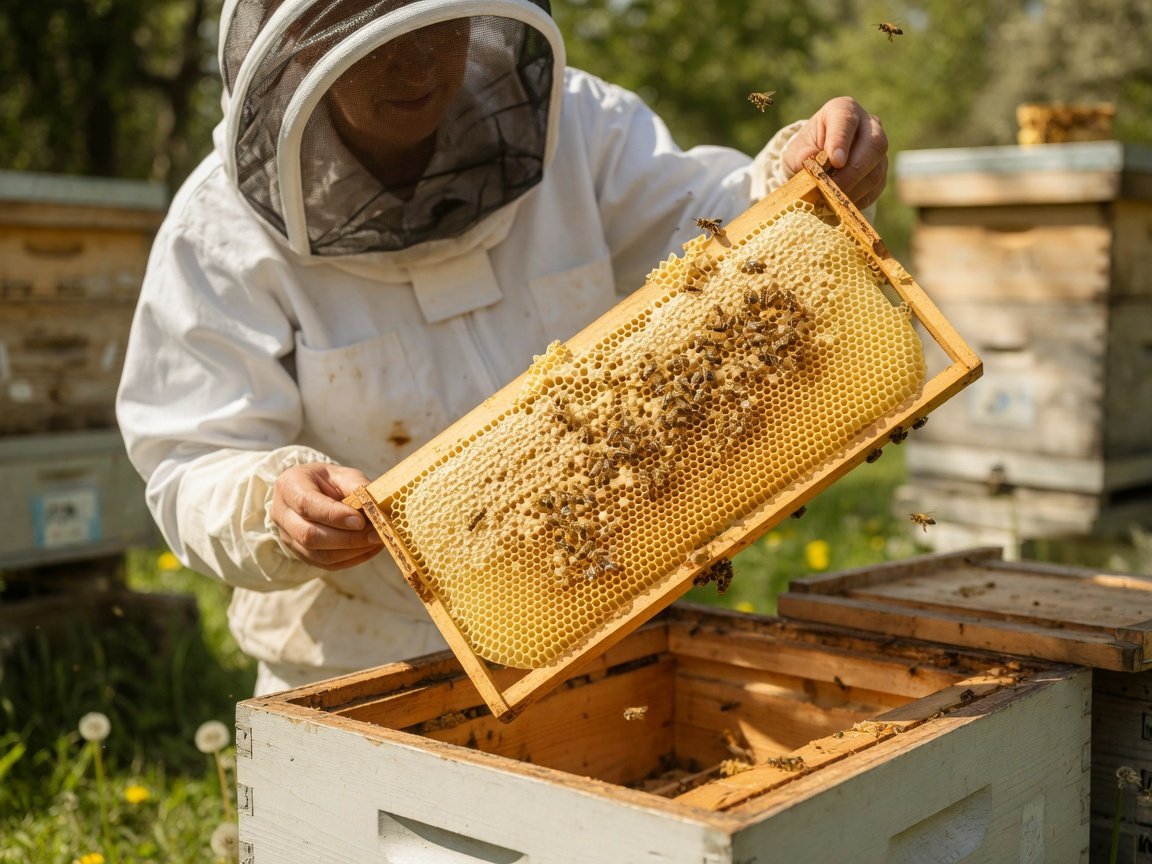 Beekeeper in white protective suit carefully lifting a fully capped honeycomb frame from a Langstroth hive