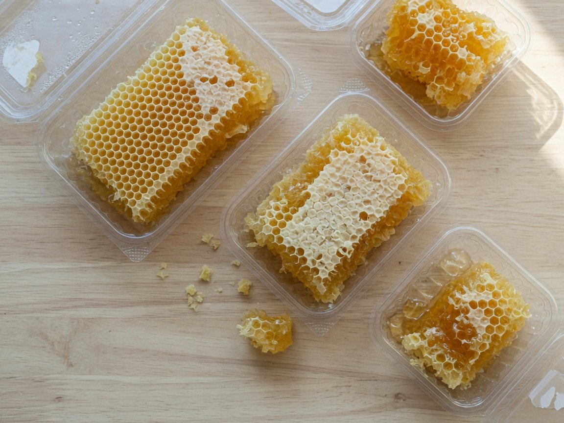 Cut comb honey sections in clear clamshell packaging displayed on a wooden table ready for sale