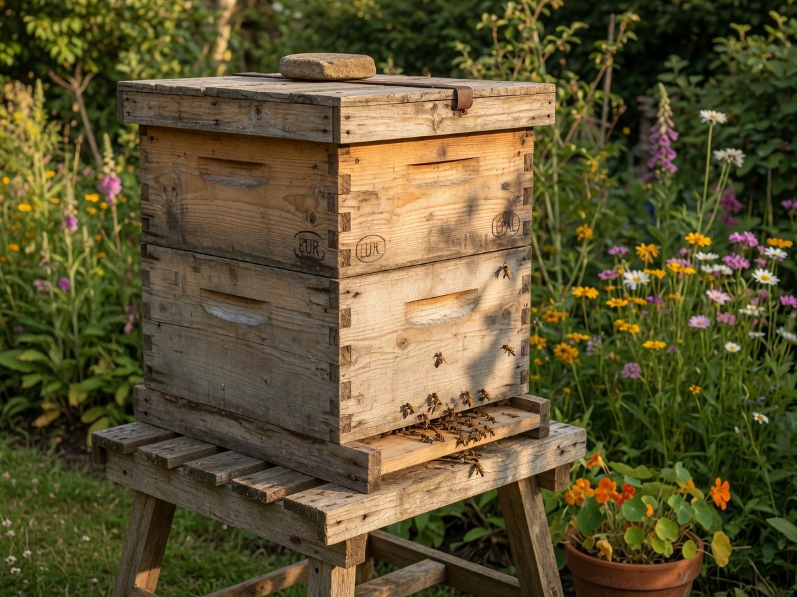 Rustic DIY beehive built from reclaimed pallet wood in a garden with honeybees flying around the entrance