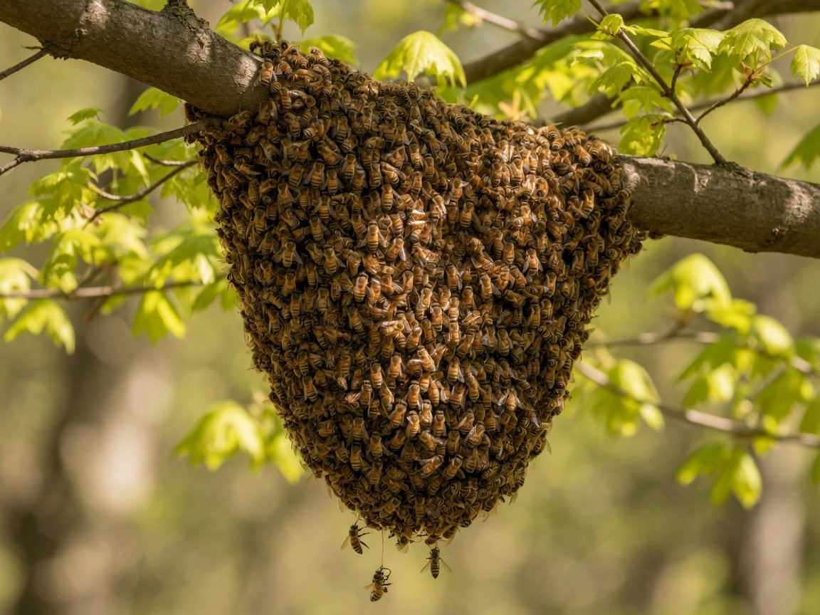 Large honeybee swarm cluster hanging from a tree branch in spring, showing thousands of bees gathered together