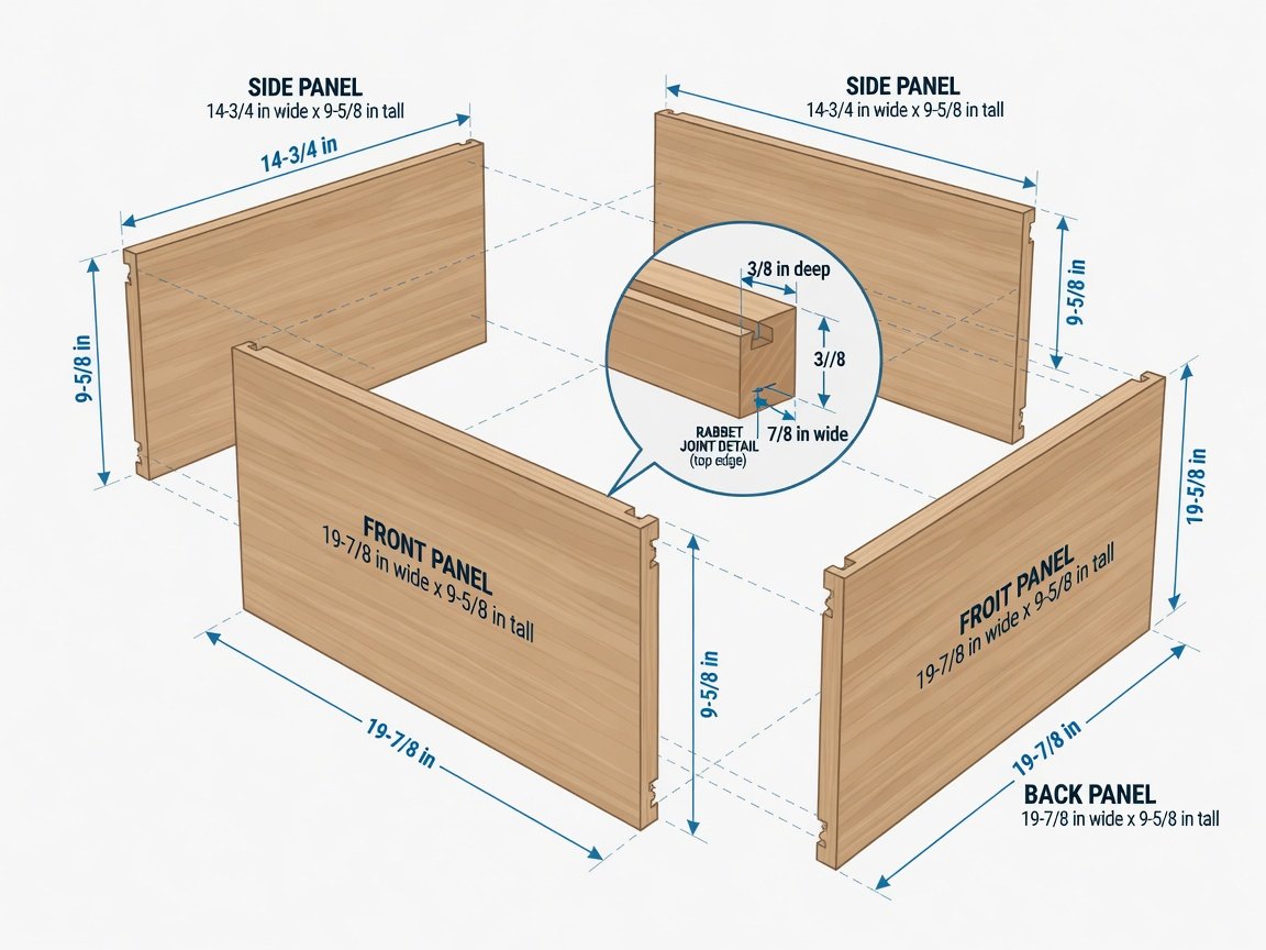 Technical flat-design diagram showing Langstroth beehive box panel cutting dimensions with labeled measurements