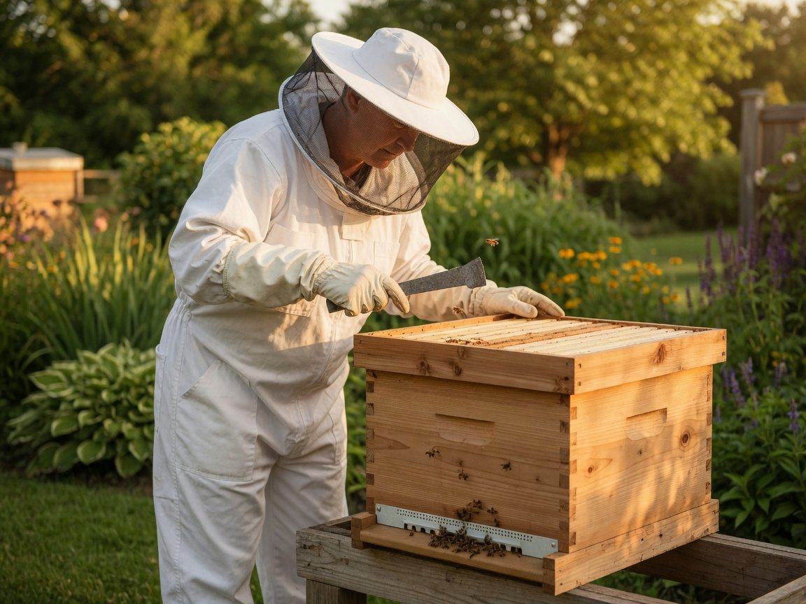 Beekeeper in white protective suit inspecting a freshly built natural cedar DIY beehive box outdoors