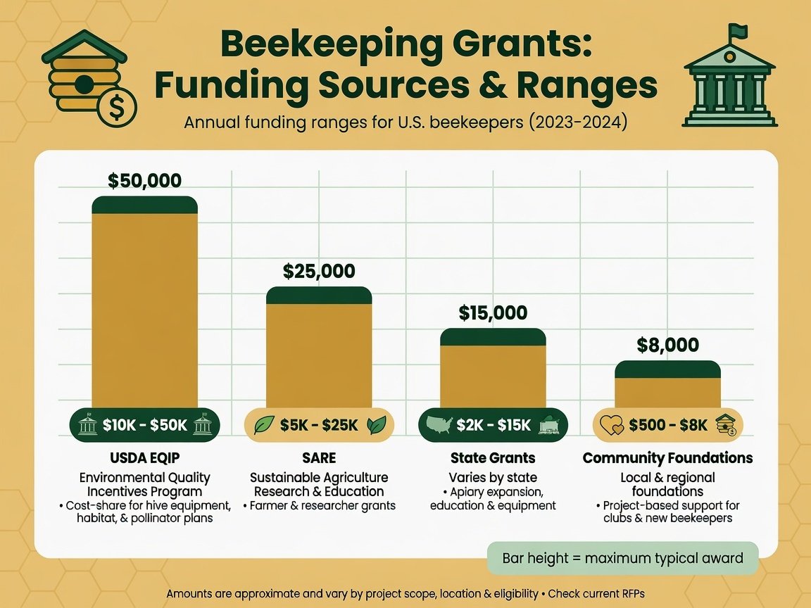 Grant funding comparison chart for beekeeping programs including USDA EQIP and state agriculture grants