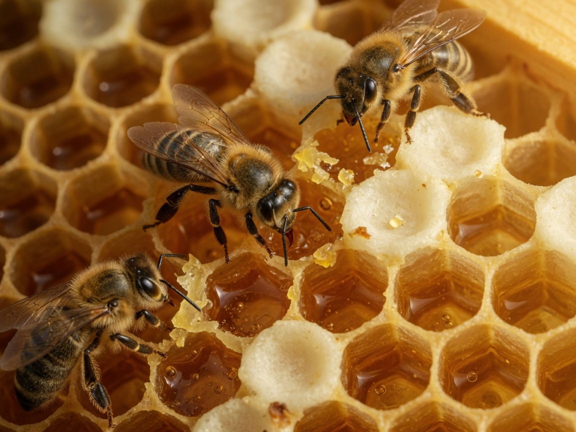Close-up of honey bees on honeycomb inside a thriving hive supported by a beekeeping grant