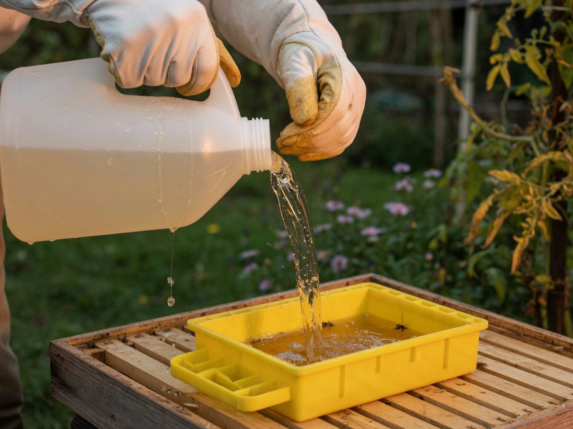 Close-up of a beekeeper filling a yellow plastic hive-top feeder with heavy sugar syrup in a UK apiary