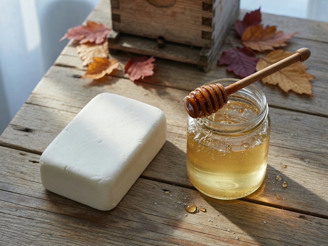 White baker's fondant block and a glass jar of heavy sugar syrup side by side on a wooden beekeeping workbench