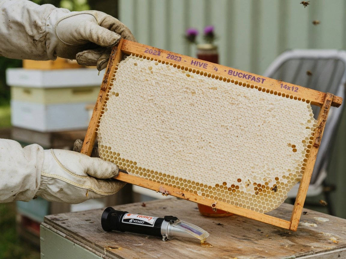 Close-up of a honeycomb frame with 90% wax-capped cells held alongside a honey refractometer on a wooden surface