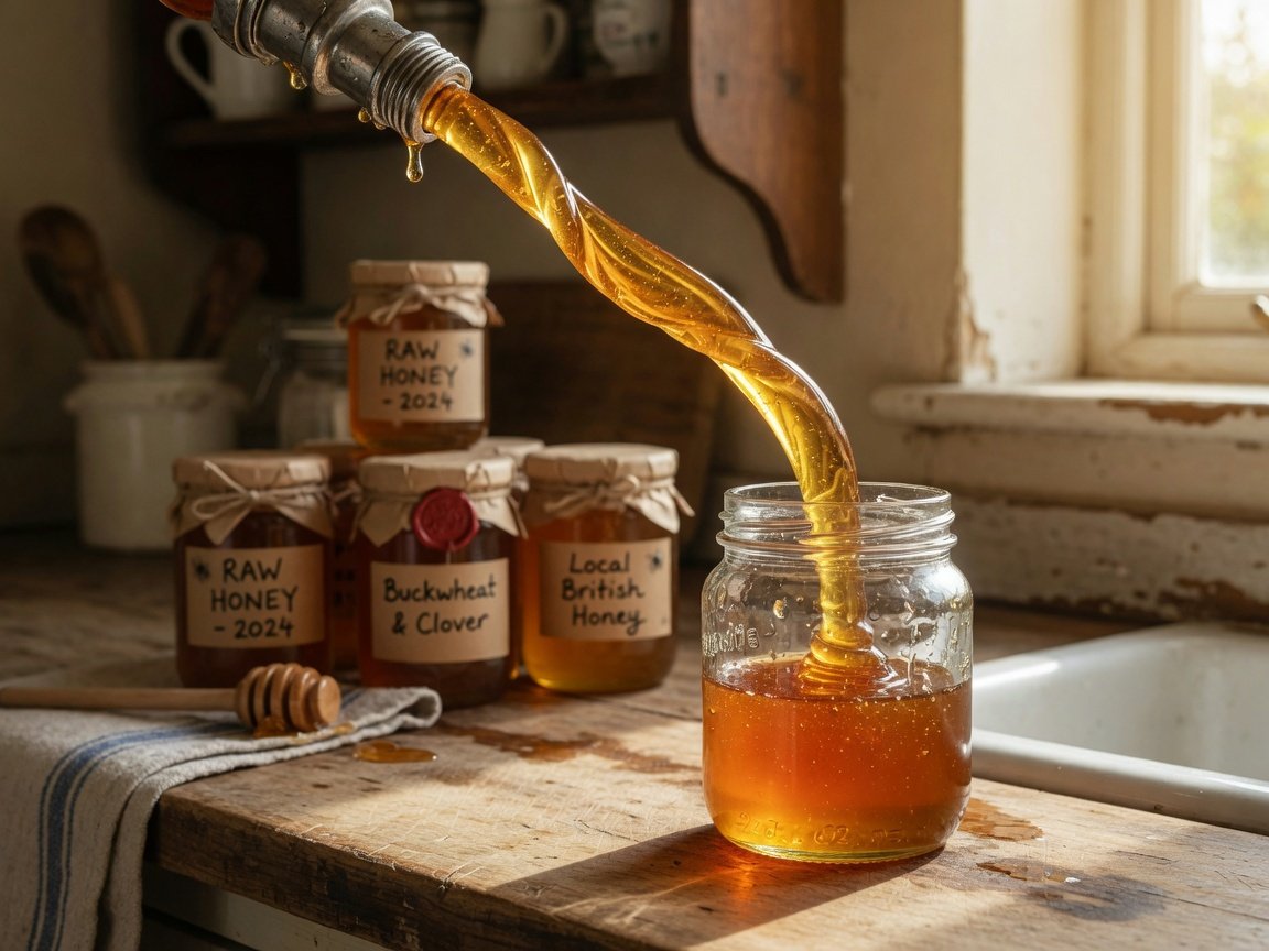Amber UK honey being poured from a honey gate into clean glass jars on a wooden kitchen countertop