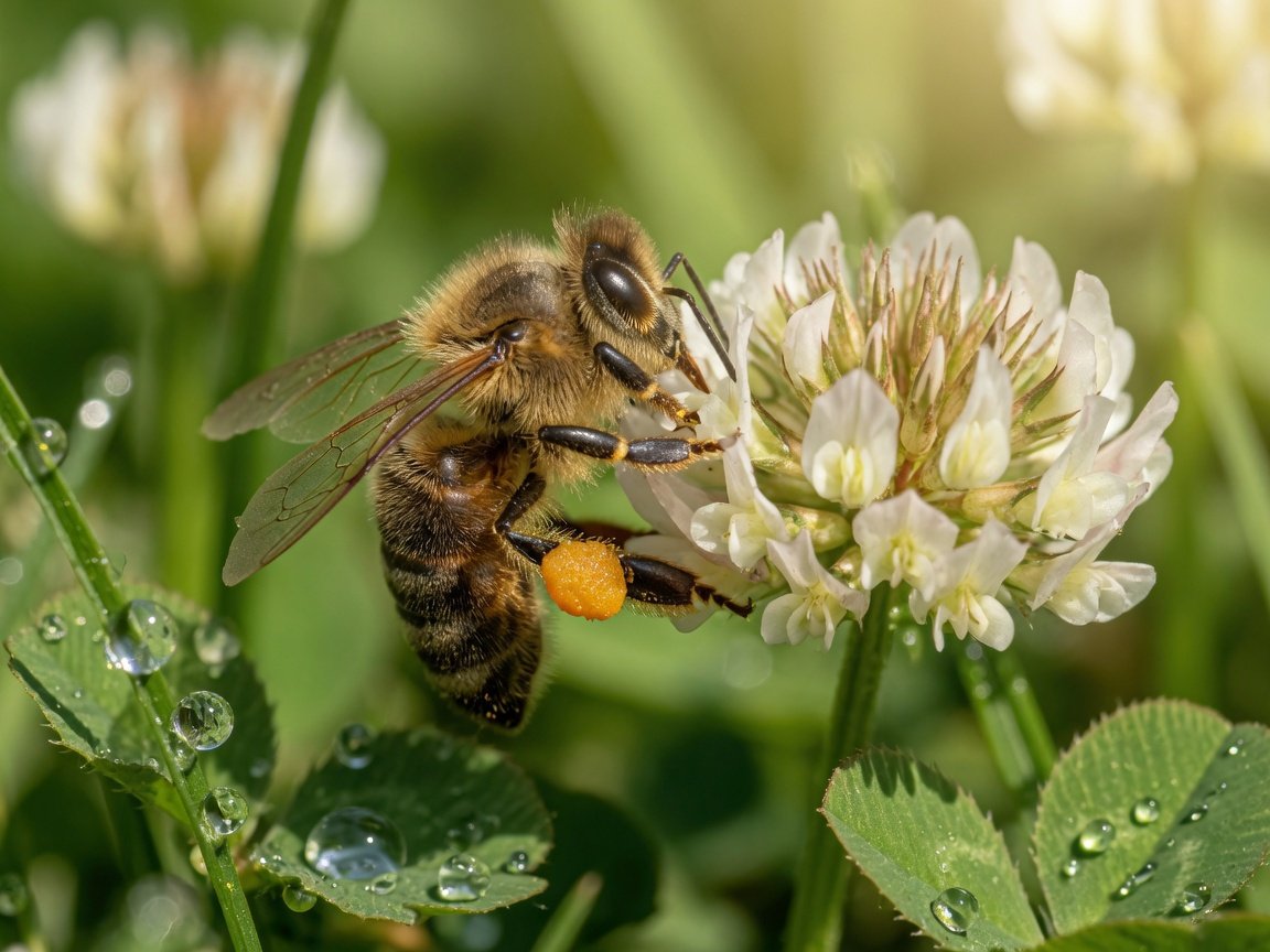 Honey bee collecting nectar from a white clover flower on a sunny summer day in a green meadow