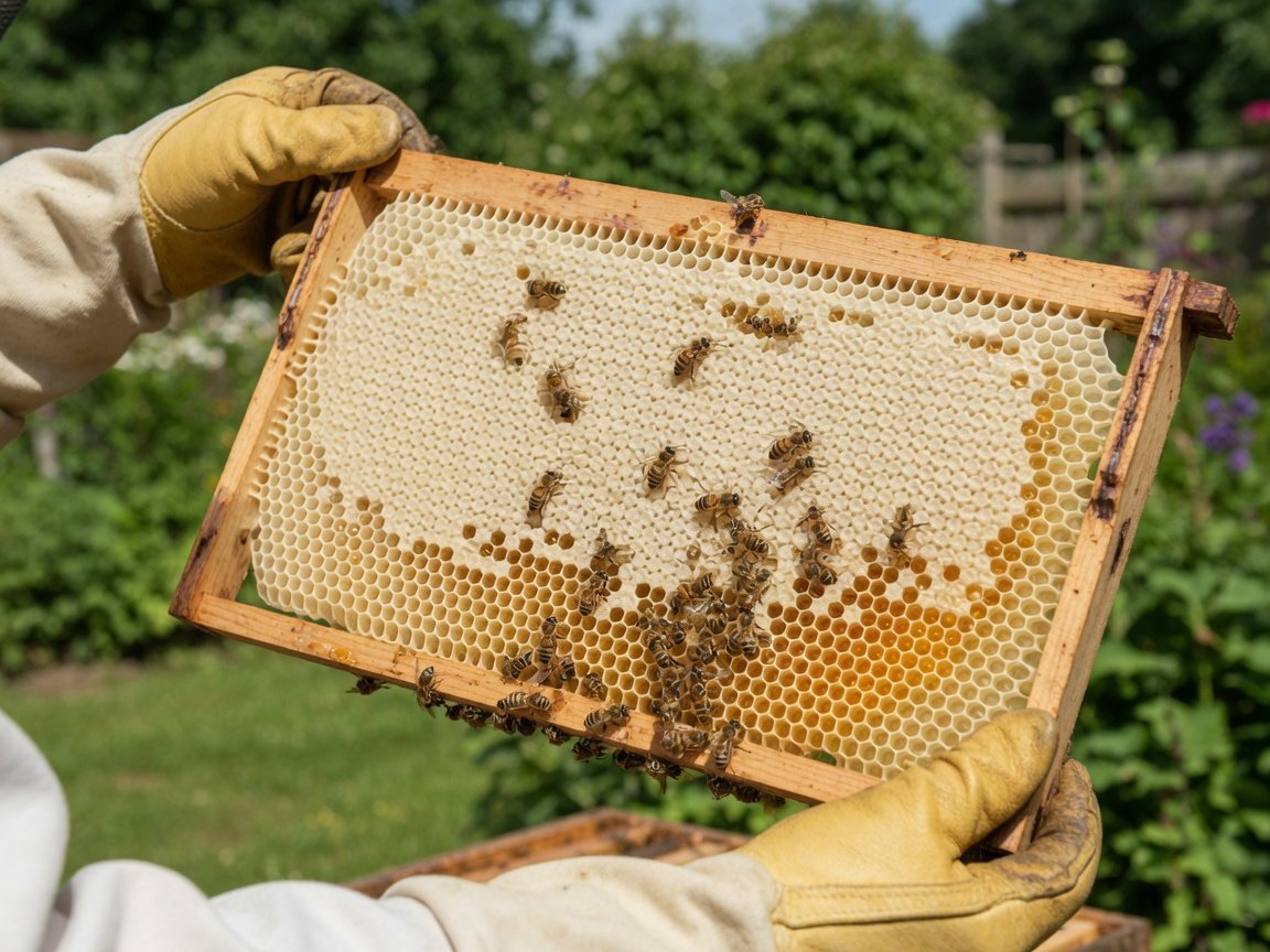 Beekeeper in protective gloves holding a wooden frame of capped honeycomb ready for extraction