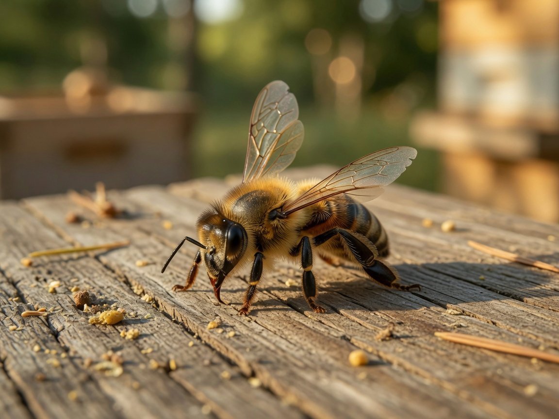 Close-up of honeybee showing trembling and crawling behaviour at hive entrance — signs of pesticide poisoning UK