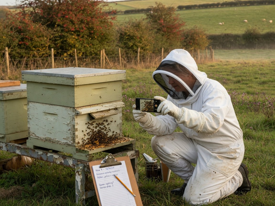 Beekeeper photographing hive entrance and recording incident notes on a clipboard — pesticide poisoning documentation UK