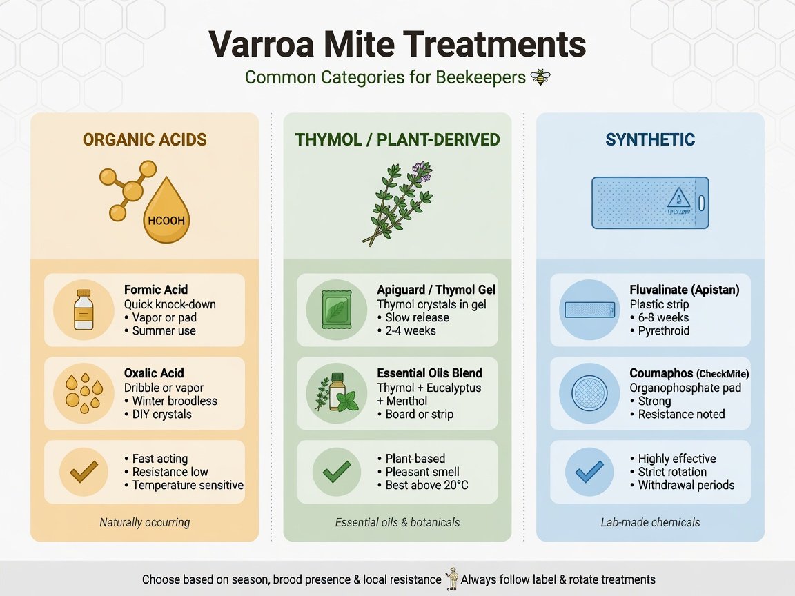 Flat design infographic showing three categories of varroa treatment — organic acids, thymol plant-derived, and synthetic strips