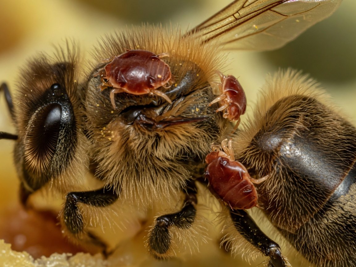 Extreme close-up macro photograph of varroa mites visible on a honey bee worker showing reddish-brown oval parasites